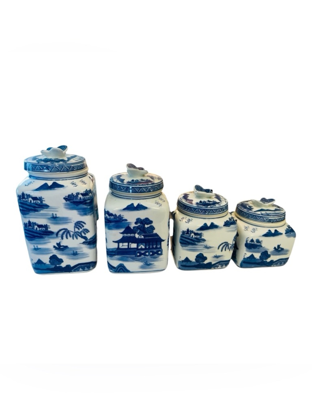 Vintage Chinese Blue & White Ginger Jar Canister Set Butterfly Lids Chinoiserie - Picture 2 of 6